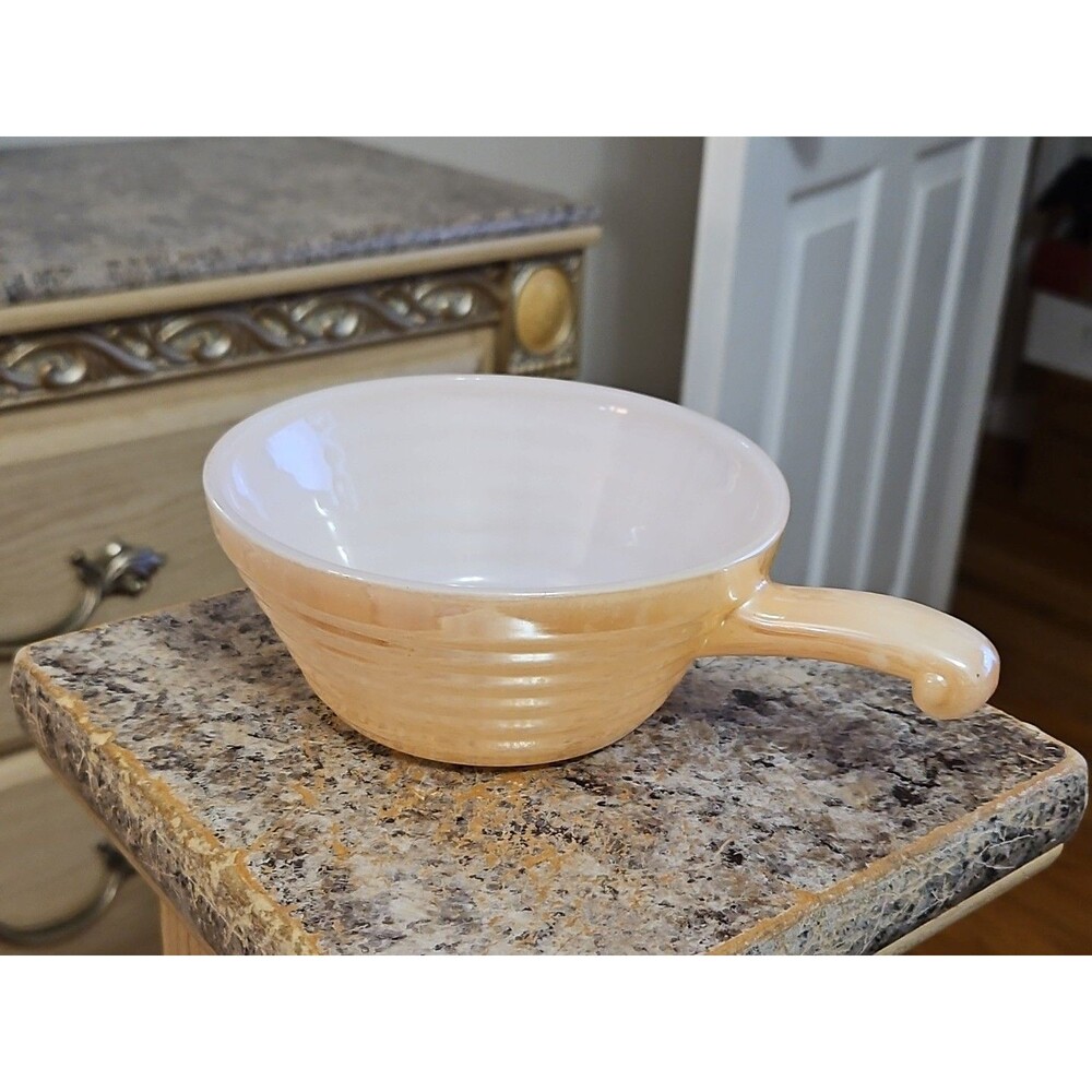 Vintage Anchor Hocking Fire King Peach Lusterware Handled Soup Bowl
